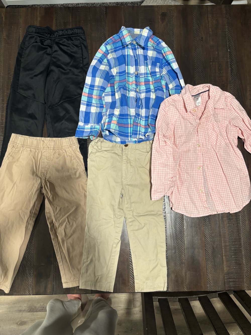 Boys lot of clothesTan Khaki Pants, black sweats,and 2 button down shirts